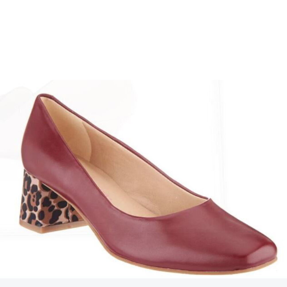 Isaac Mizrahi Leather Pump with Leopard Block Heel Mahogany - Medium - Picture 2 of 7